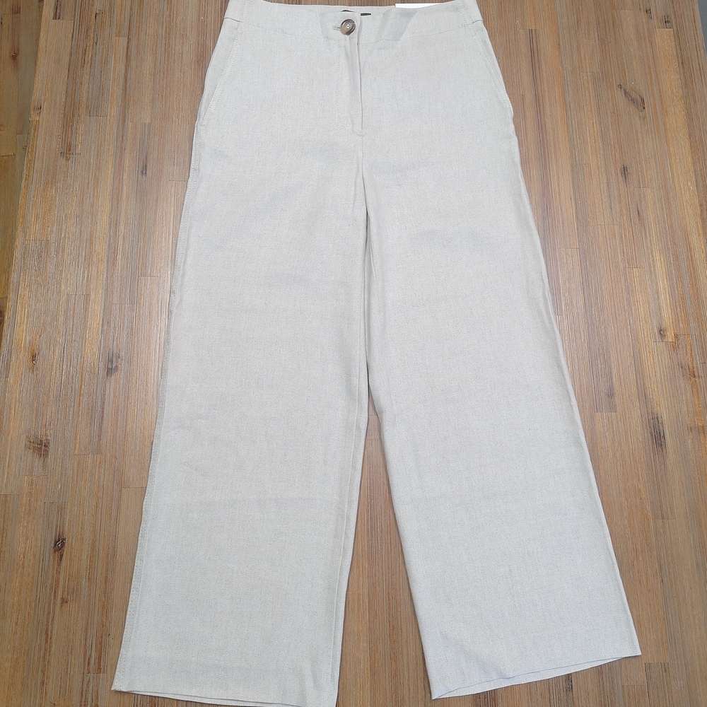 Neutral Wide-Leg Linen Blend Pants